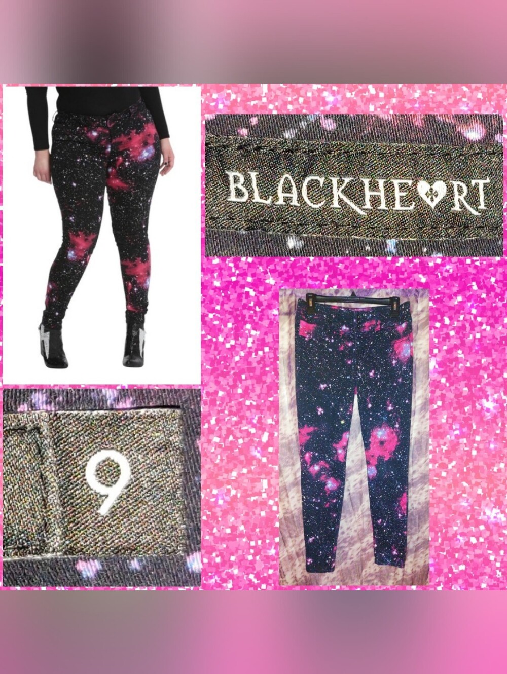 Blackheart brand Black/Pink Galaxy Print Skinny Soft Knit Jeggings Jrs Sz 9